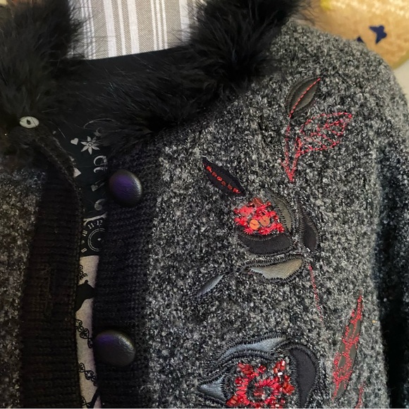Witchy Core Wool Blend Button Cardigan Faux Fur Neckline VTG Size M - Picture 10 of 16